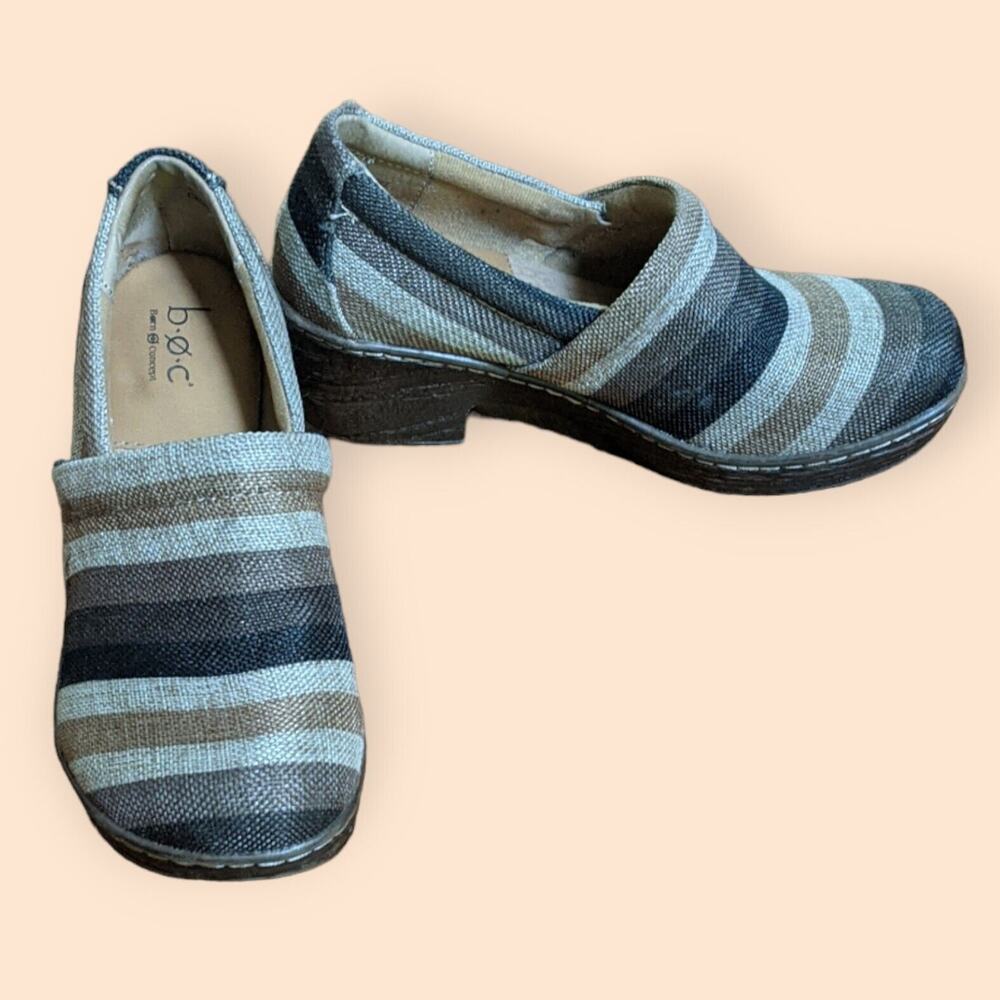B.O.C. Born Concepts Brown Stripe Fabric Slip On Clog BOC Shoes Womens 6.5